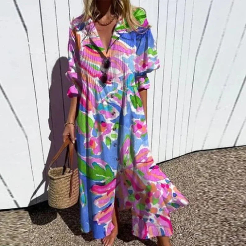 Frauen Fließendes Maxikleid mit Durchgehendem Knopfverschluss V-Ausschnitt und Volksdruck Shop Nory