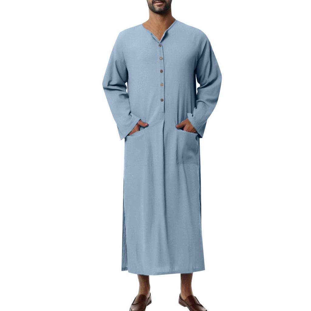 Herren nan weites langes Tunika-Kaftan aus atmungsaktivem Leinen mit Stehkragen Knopfblende und aufgesetzten Taschen