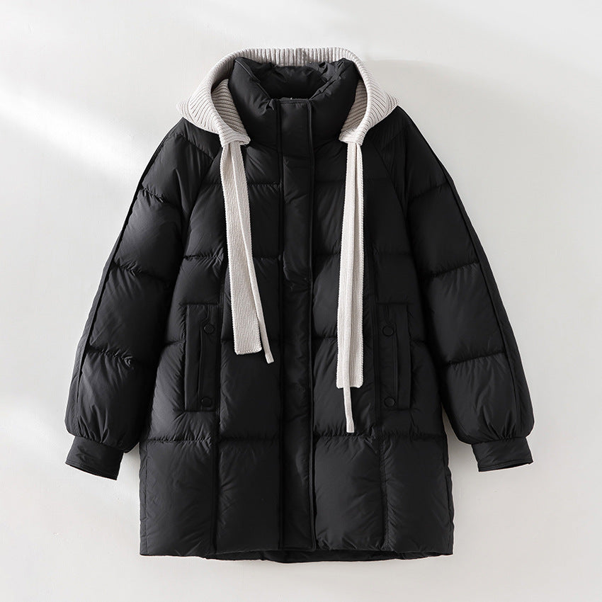 Damen wattierte Steppjacke mit Kapuze Rippkragen weitem Schnitt und Midilänge Shop Nory