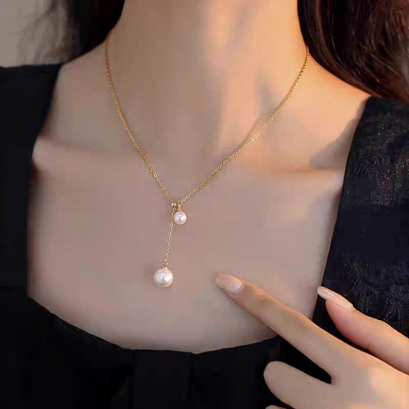 Damen Elegante Doppelperle Tropf Halskette Shop Nory
