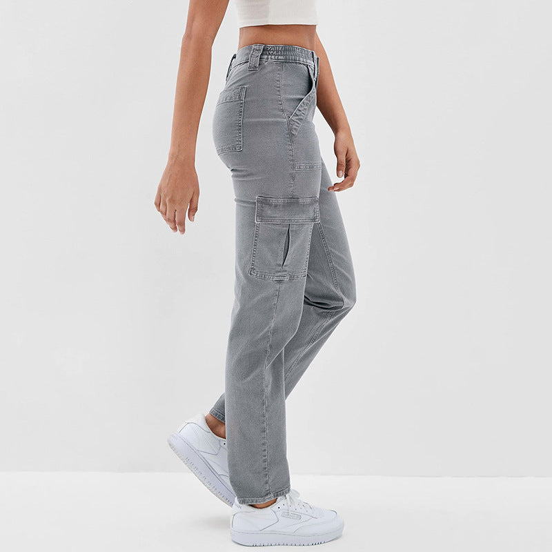 Damen Hochtaillierte Cargohose aus Denim mit geradem Bein und Mehrfachtaschen Shop Nory
