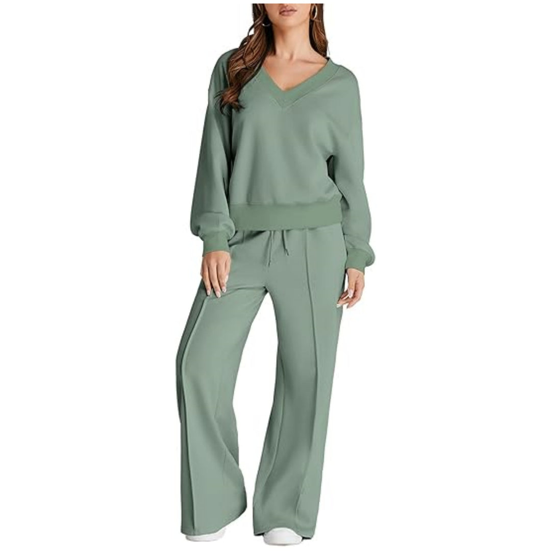 Damen Lässiges V-Ausschnitt Freizeit-Set mit weiter Jogginghose Shop Nory
