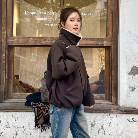 Damen Kurze Oversize-Boxy-Jacke mit Teddykragen und Druckknopfverschluss Shop Nory