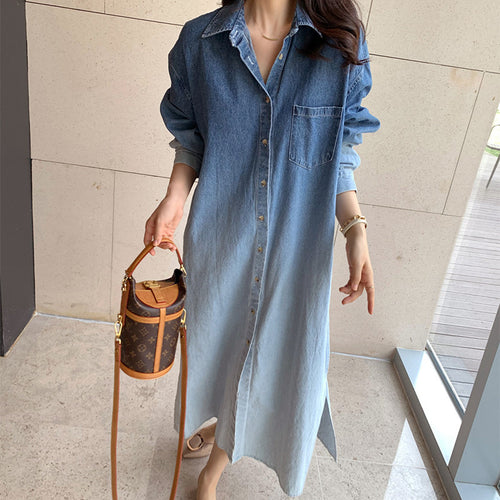 Damen Verlaufs-Jeans-Hemdkleid Maxi mit durchgehender Knopfleiste, Brusttasche und Seitenschlitzen Shop Nory