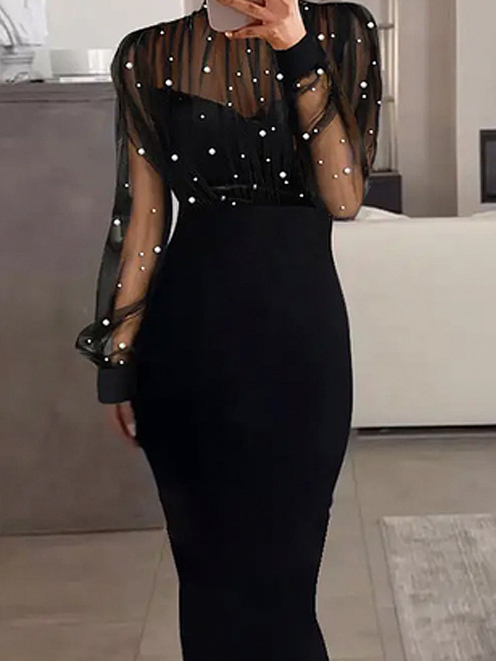 Damen Elegantes Abendkleid mit transparenten Ärmeln und Perlendetails