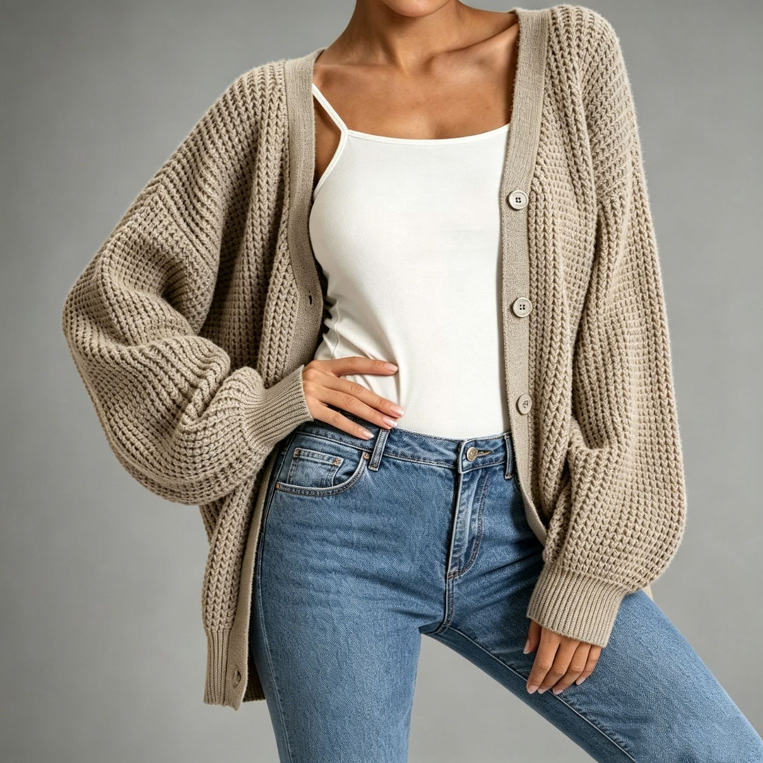 Damen Oversize Grobstrick-Cardigan mit Ballonärmeln und Knopfleiste Shop Nory