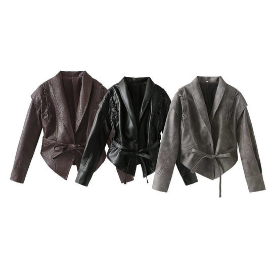 Damen Kurzjacke im Wildlederlook mit Schalkragen, Schnürdetails und Taillengürtel Shop Nory