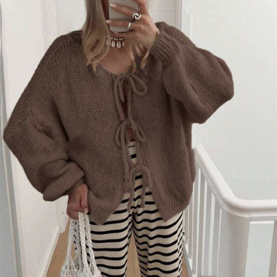 Damen Grobgestrickter Offener Cardigan mit Bindebändern, Oversize‑Silhouette und Raglanärmeln Shop Nory
