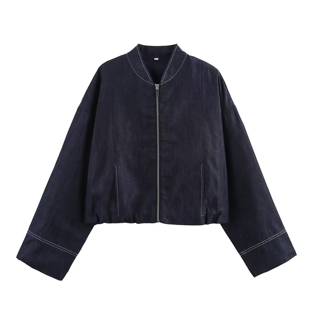Damen Cropped Denim-Bomberjacke mit überschnittenen Ärmeln und Kontrastnaht Shop Nory