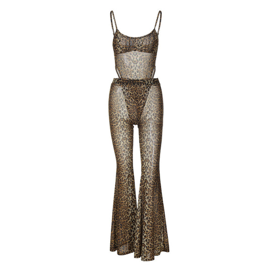 Damen Transparente Leopardenmuster Jumpsuit