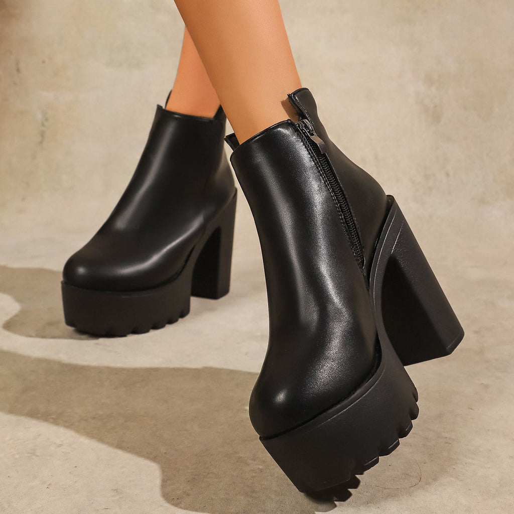 Damen Modische Plateau Stiefeletten mit markantem Blockabsatz und Reißverschluss
