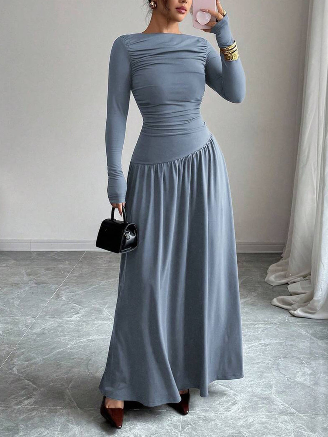 Damen Maxikleid mit gerafftem Oberteil, tailliertem Bund und Langarm Shop Nory