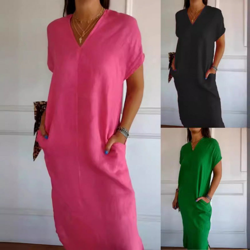 Damen Lässiges V-Ausschnitt Kleid mit praktischen Taschen und oversize Schnitt Shopnory