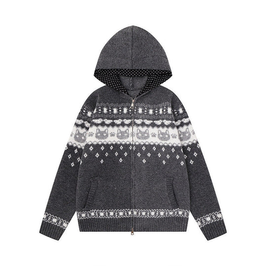 Damen Kapuzen-Strickjacke mit Norwegermuster, zweifachem Reißverschluss und Kängurutaschen Shop Nory