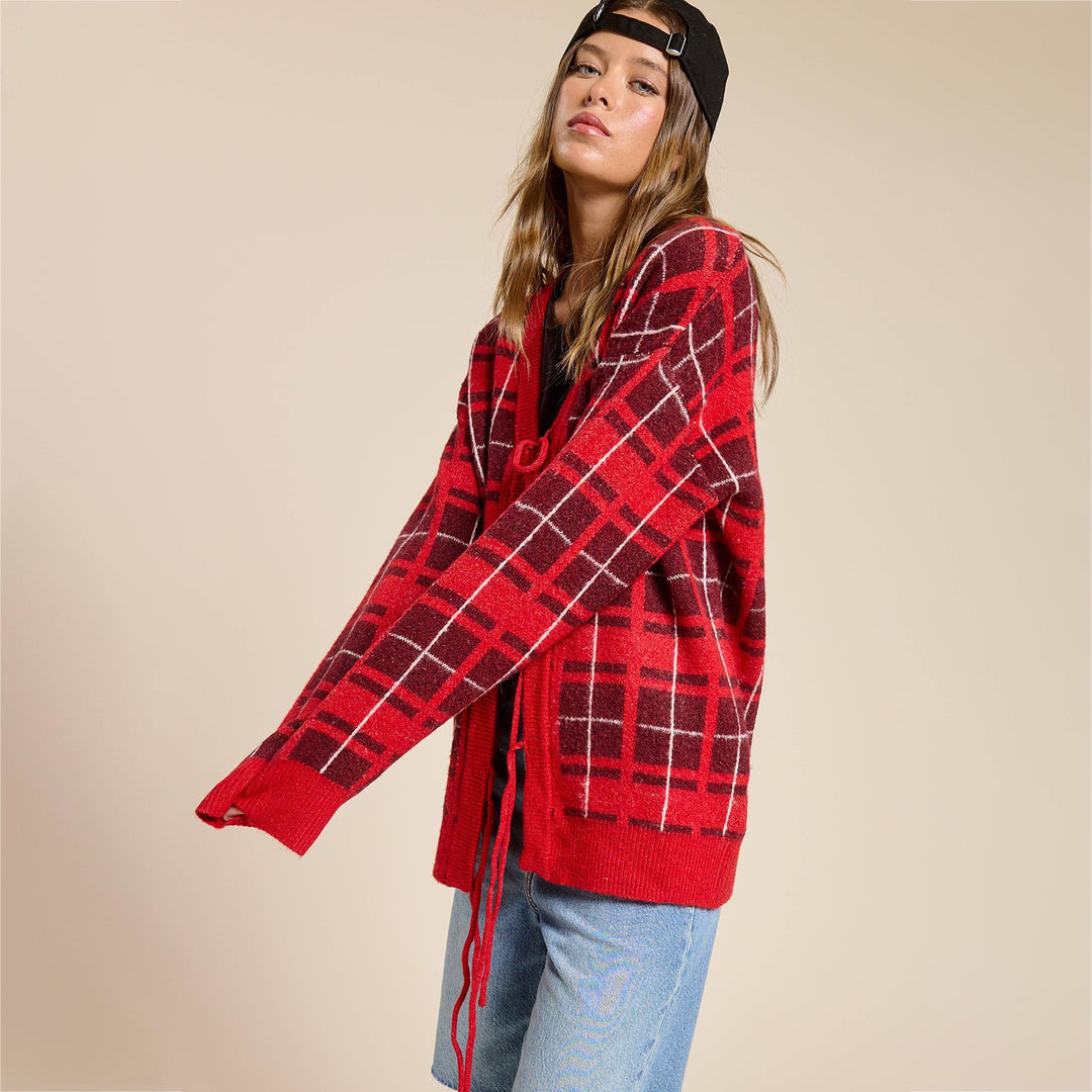 Damen Oversize Karierter Strickcardigan mit Bindegürtel & aufgesetzten Taschen Shop Nory