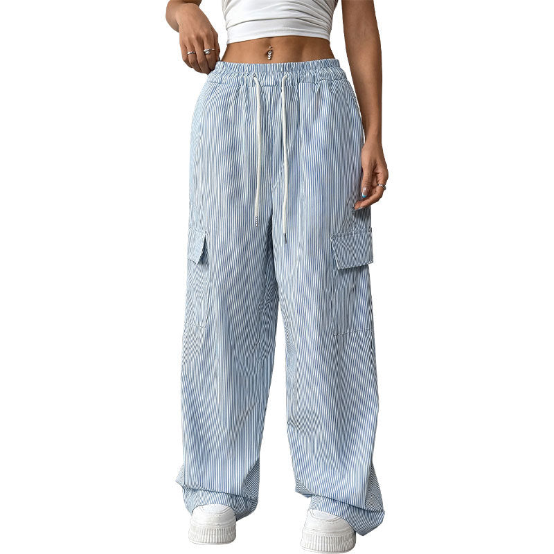 Damen Gestreifte weite Cargo-Hose mit hohem Gummibund und Tunnelzug Shop Nory