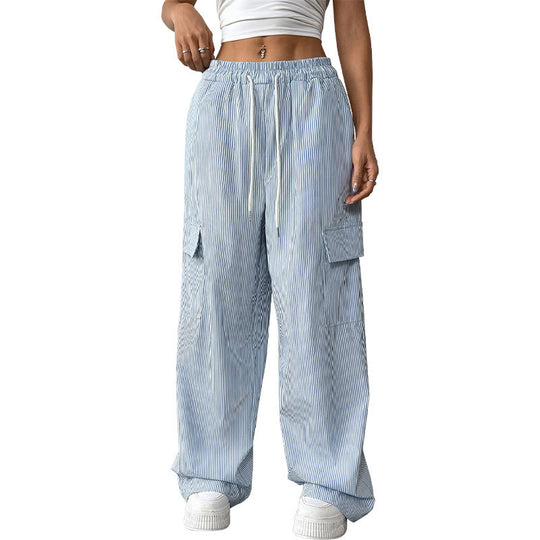 Damen Gestreifte weite Cargo-Hose mit hohem Gummibund und Tunnelzug Shop Nory