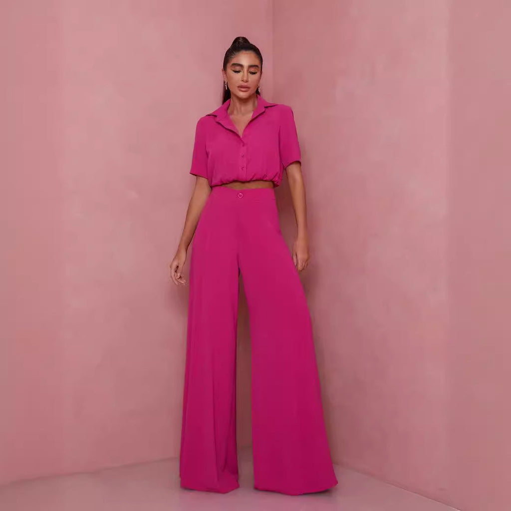 Damen Elegantes Kurzarm-Blusen und Palazzo-Hosen-Ensemble