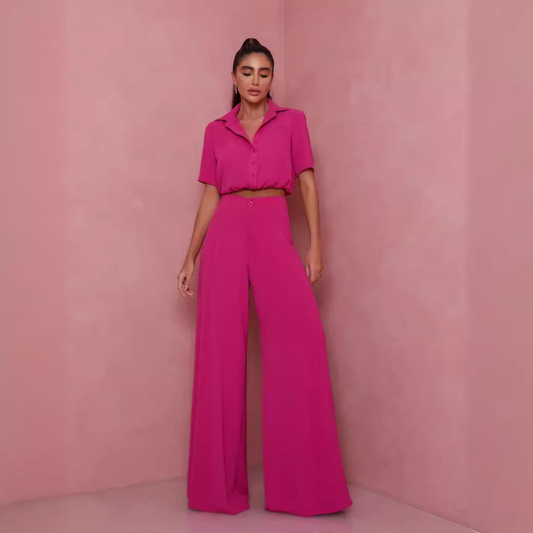 Damen Elegantes Kurzarm-Blusen und Palazzo-Hosen-Ensemble