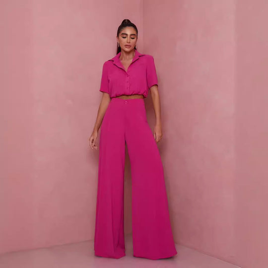 Damen Elegantes Kurzarm-Blusen und Palazzo-Hosen-Ensemble