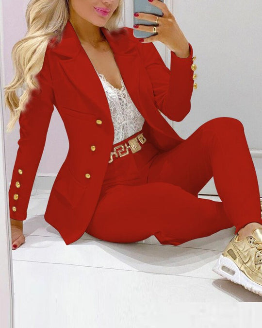 Damen Taillierter Zweiteiler Blazer mit Goldknöpfen und Slim-Fit Hose Shop Nory