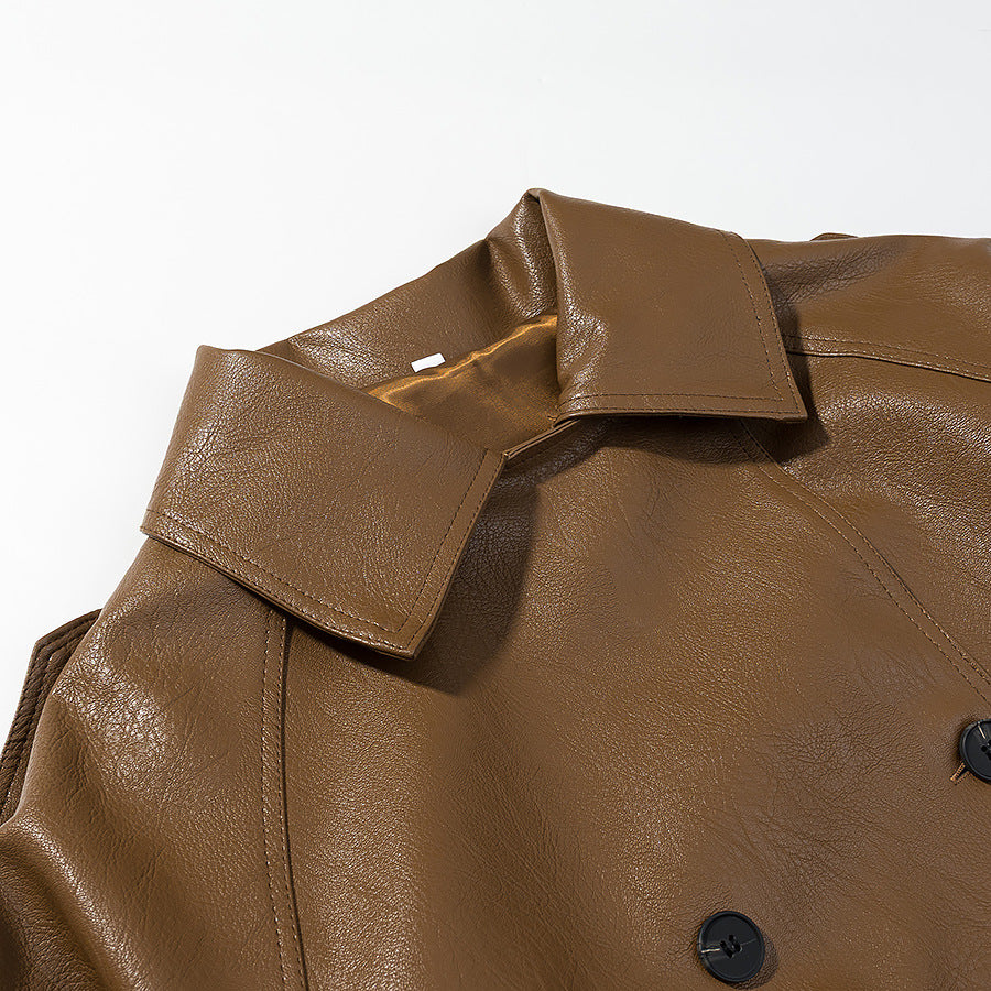 Damen Kurz geschnittener Kunstleder-Trenchcoat mit Bindegürtel und Schulterriegel Shop Nory