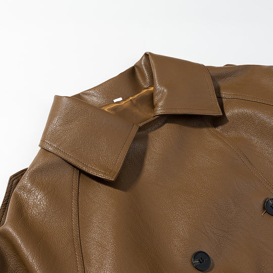 Damen Kurz geschnittener Kunstleder-Trenchcoat mit Bindegürtel und Schulterriegel Shop Nory