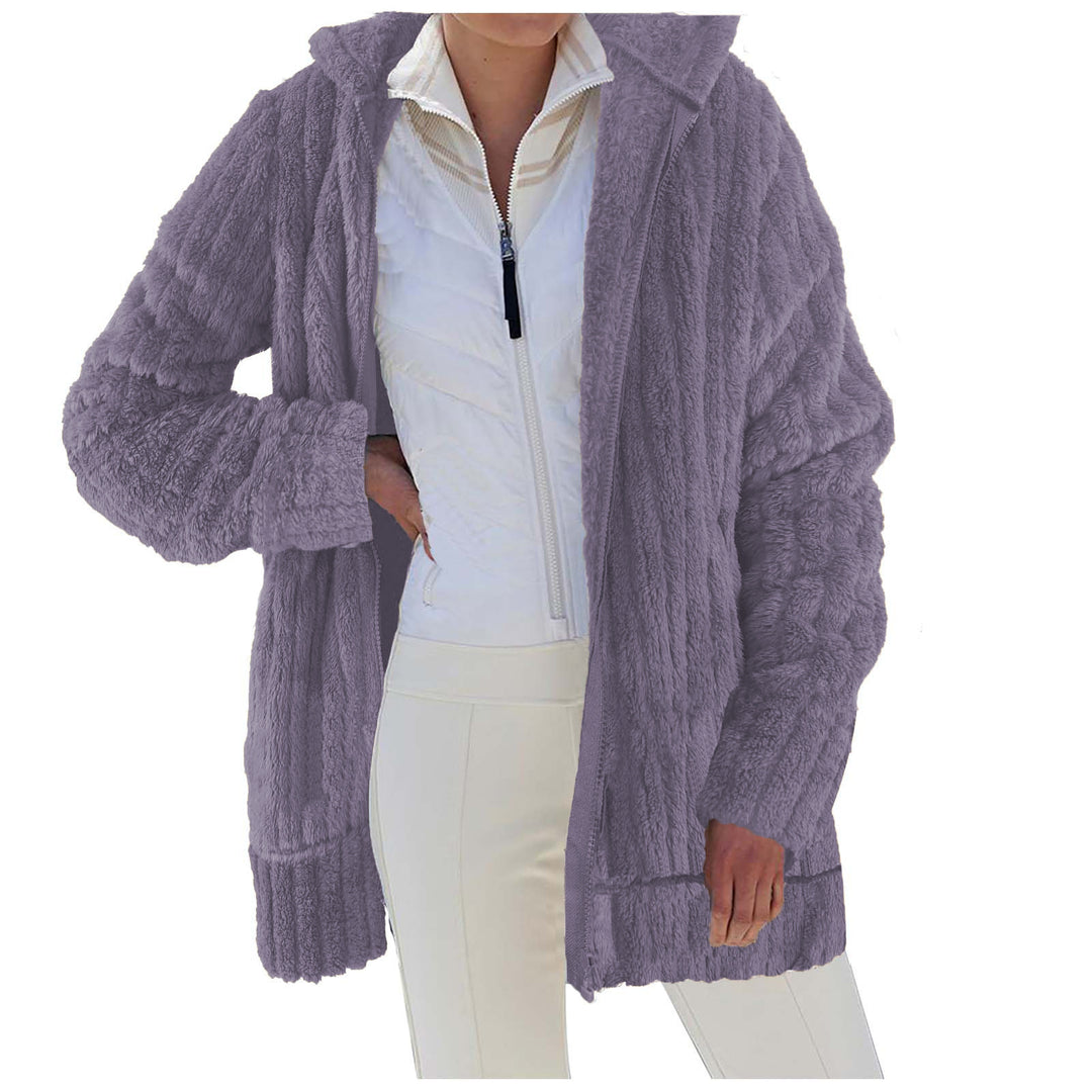 Damen Oversize Teddy‑Fleece Kapuzenmantel mit Rippbündchen und Eingrifftaschen Shop Nory