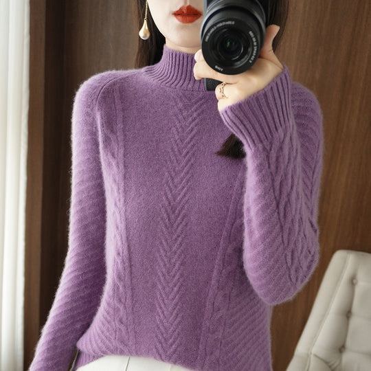 Damen Leichter Mohair‑Look Stehkragenpullover mit Zopf‑Ajour und taillierter Silhouette Shop Nory