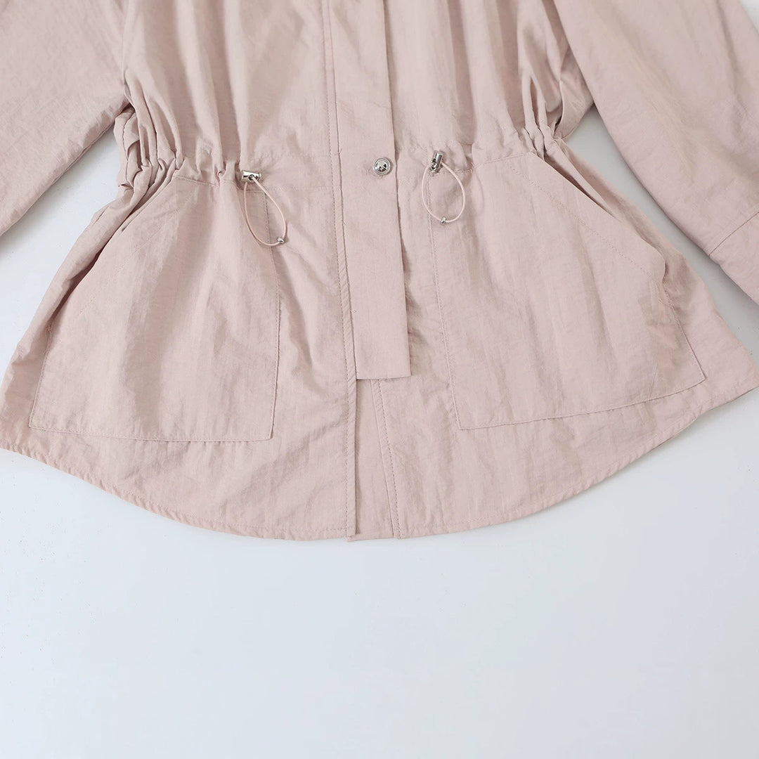 Damen Leichte Taillierte Übergangsjacke mit Tunnelzug, Stehkragen und Ballonärmeln Shop Nory
