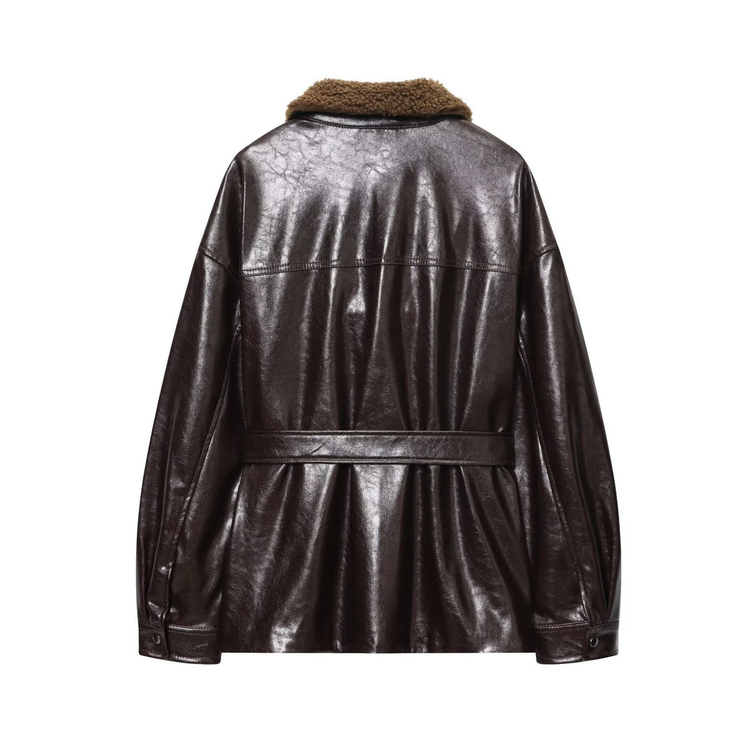 Damen Oversized Lederimitat-Jacke mit Teddykragen und Taillengürtel Shop Nory