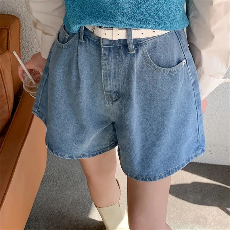 Damen Freizeit Jeans-Shorts mit hohem Bund und elastischem Gürtel