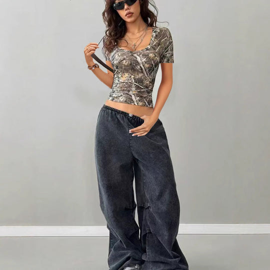 Damen Camouflage T-Shirt mit modischem V-Ausschnitt Shopnory