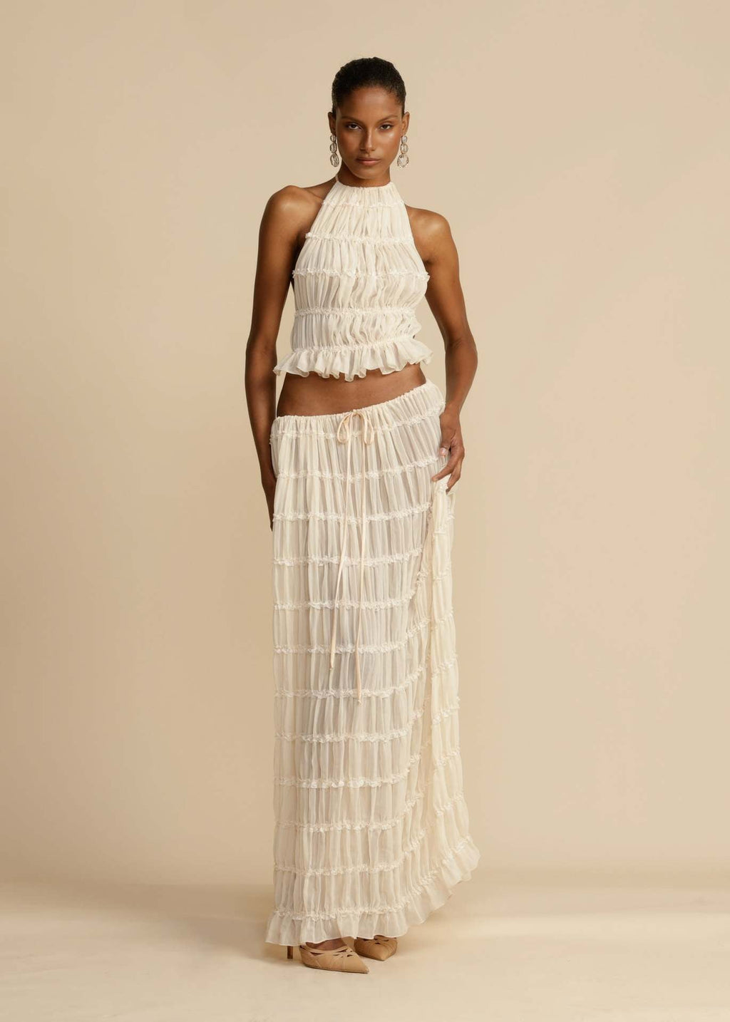 Damen Elegantes und verspieltes Zweiteiliges Sommerkleid mit gerafftem Oberteil und fließendem Rock