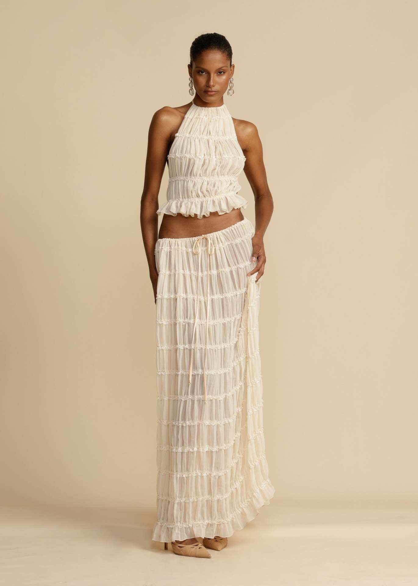 Damen Elegantes und verspieltes Zweiteiliges Sommerkleid mit gerafftem Oberteil und fließendem Rock
