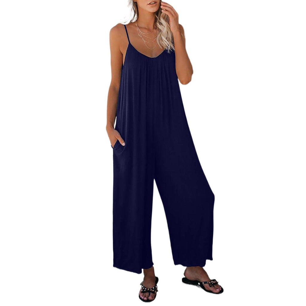 Damen Lässiger Sommer-Jumpsuit mit tiefem Ausschnitt und praktischen Taschen