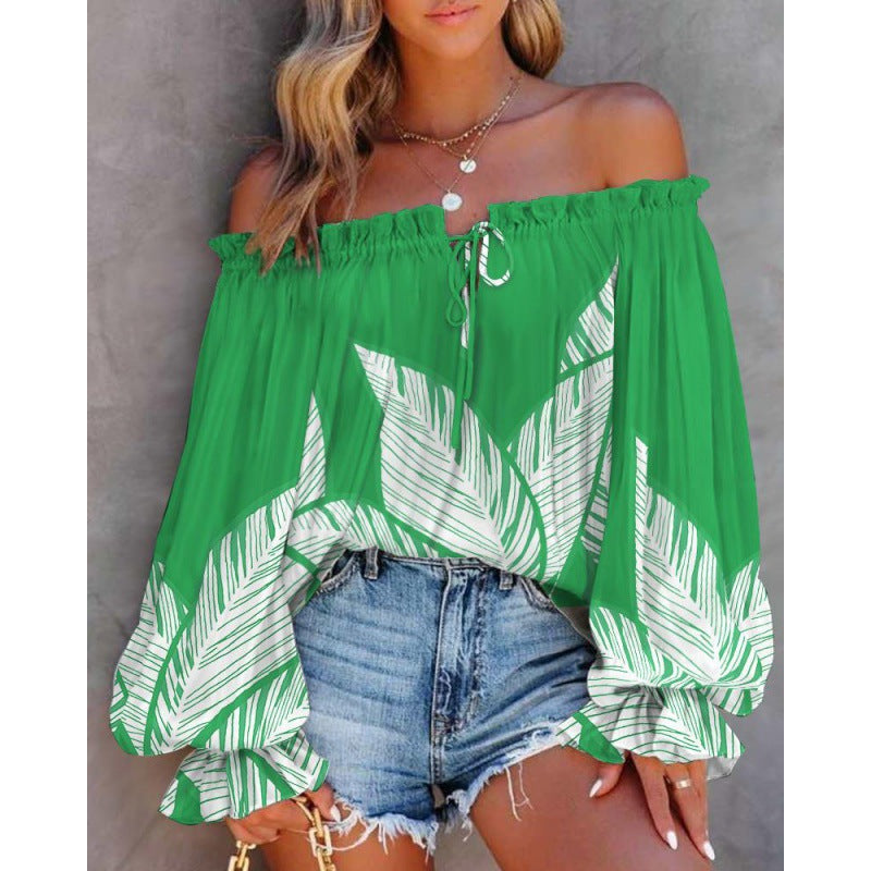 Damen Off-Shoulder Bluse mit Buntem Muster und Elastischem Saum Shopnory