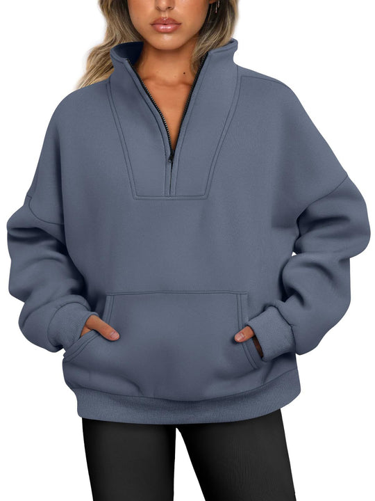 Damen nan oversized Halbzip-Hoodie mit hohem Stehkragen, Kängurutasche und gerippten Bündchen Shop Nory
