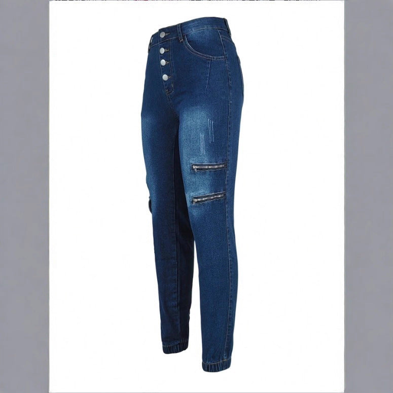 Damen Hochtaillierte Skinny-Jeans mit Cargo-Reißverschlusstaschen & Knopfverschluss Shop Nory