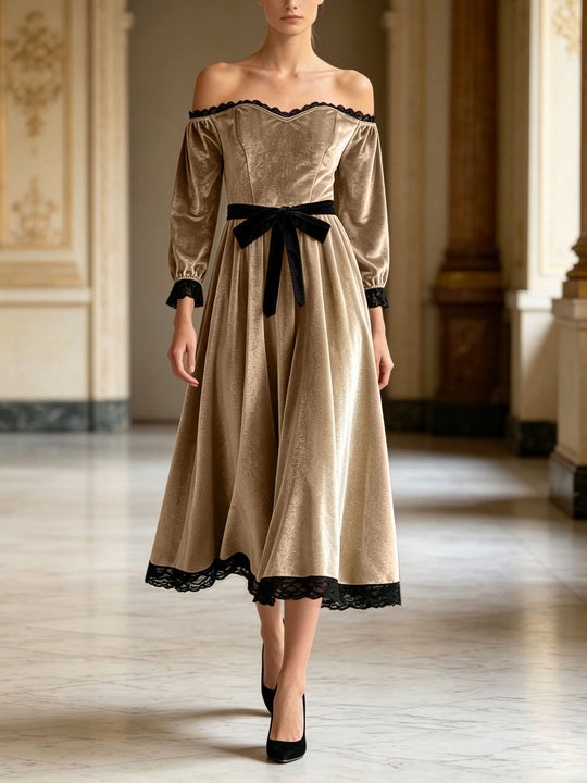 Damen Schulterfreies Samtkleid mit Spitzenbesatz, Samt-Taillengürtel und ausgestelltem Midirock Shop Nory