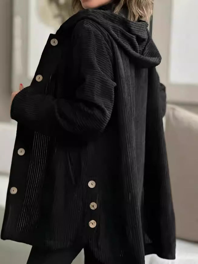 Damen Kapuzenjacke aus Rippstoff mit Holzknöpfen und Freizeit-Schnitt