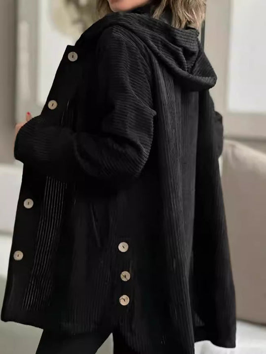 Damen Kapuzenjacke aus Rippstoff mit Holzknöpfen und Freizeit-Schnitt