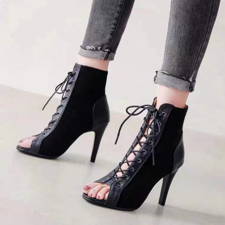 Damen Offene-Zehen Schnürstiefelette mit Wildleder-Optik und Stiletto-Absatz Shop Nory