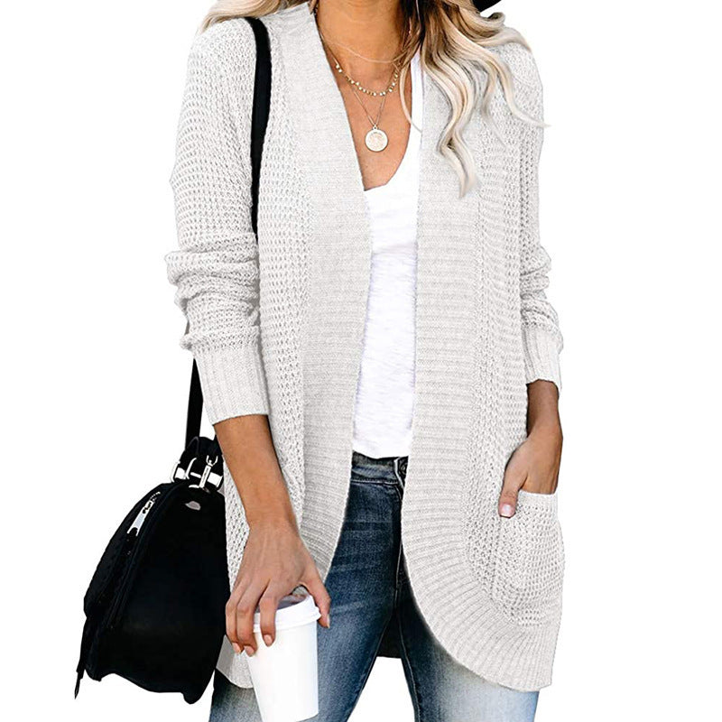 Damen Langer Offener Strickcardigan mit Taschen, Rippbündchen und strukturierter Waffeloptik Shop Nory