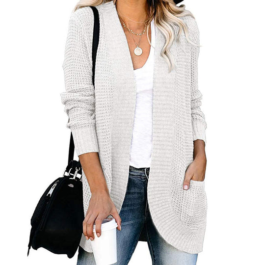 Damen Langer Offener Strickcardigan mit Taschen, Rippbündchen und strukturierter Waffeloptik Shop Nory