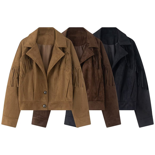 Damen Kurzjacke im Wildleder‑Look mit Fransenbesatz und Hemdkragen Shop Nory