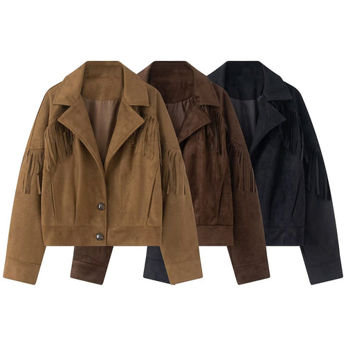 Damen Kurzjacke im Wildleder‑Look mit Fransenbesatz und Hemdkragen Shop Nory