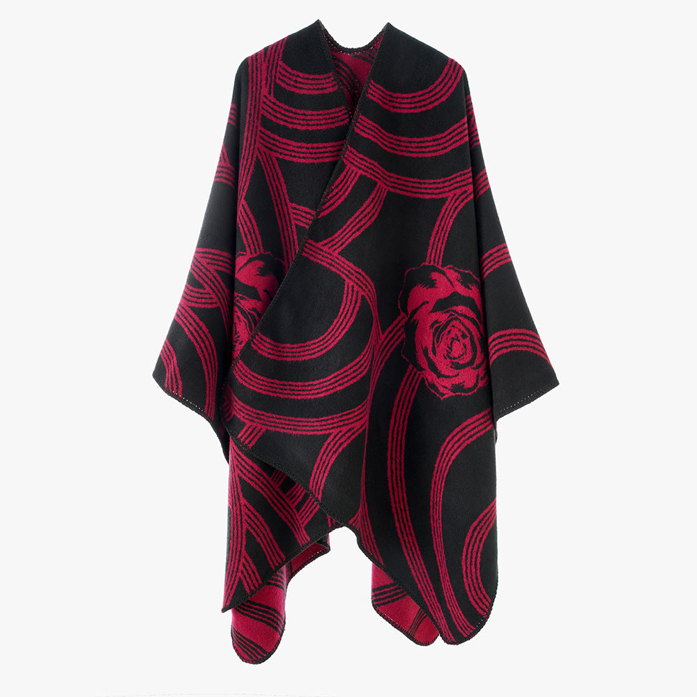 Damen Jacquard-Capeponcho mit Rosenmotiv und offener Front Shop Nory