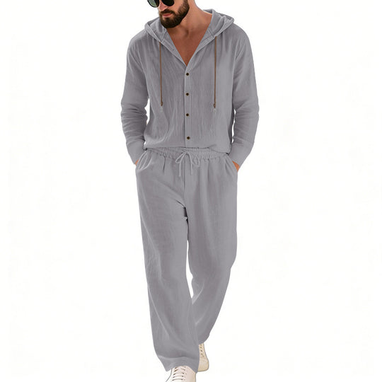 Herren nan legeres Kapuzen-Lounge-Set mit Knopfleiste, Kordelbundhose und seitlichen Eingrifftaschen Shop Nory