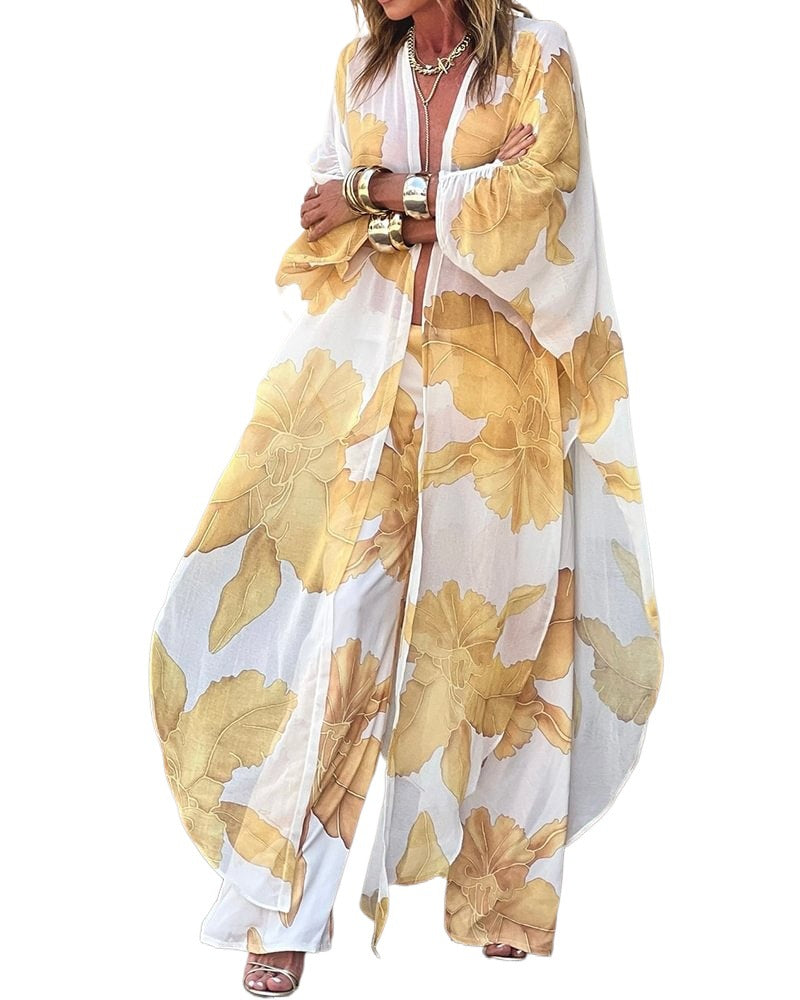 Damen Langarm-Kimono mit floralen Mustern und fließendem Stoff Shopnory